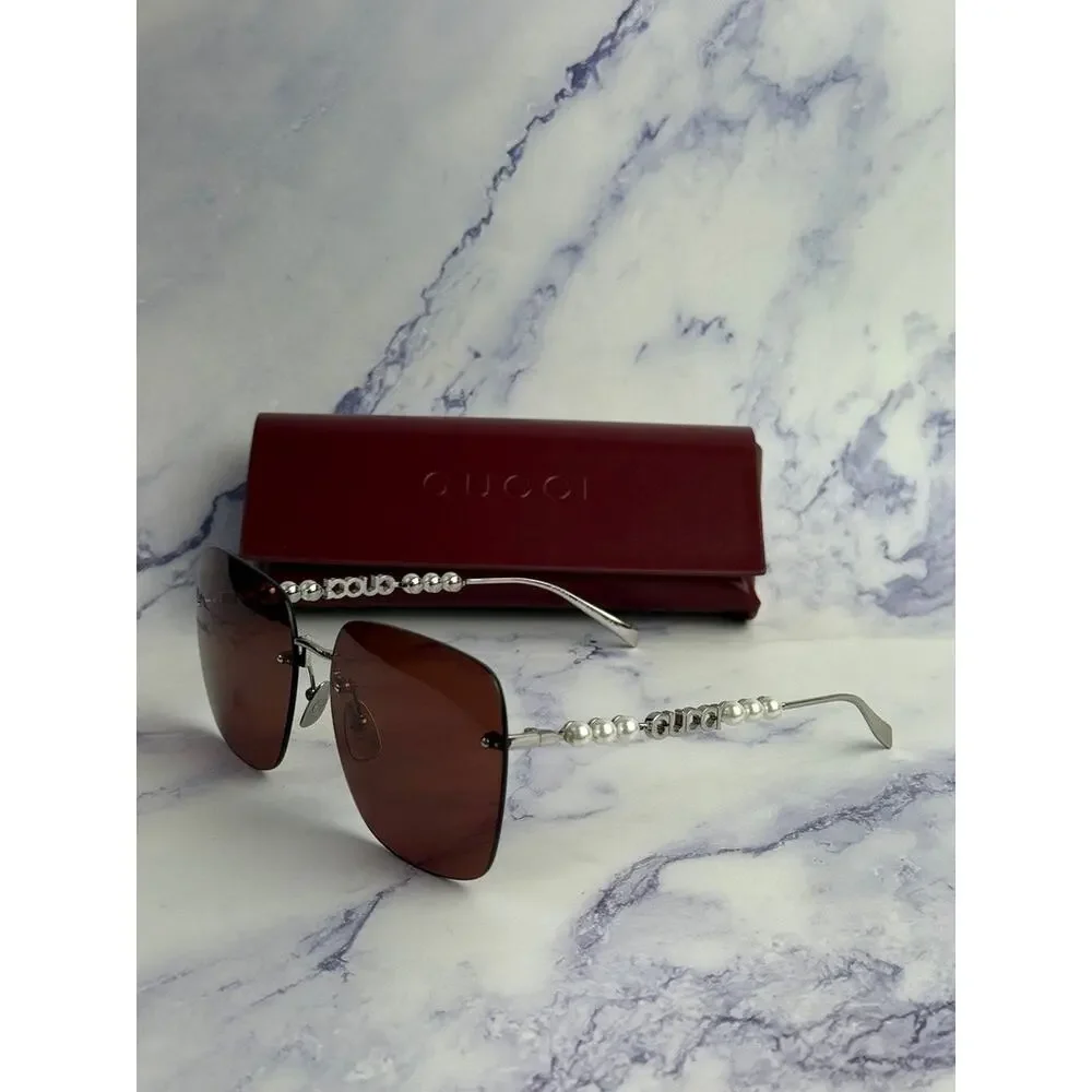 NEW Gucci GG1923SA Silver Red Square Pearl Sunglasses